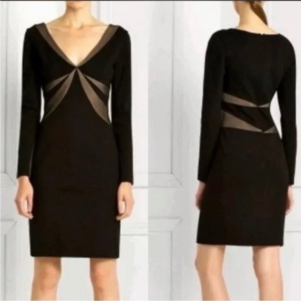 BCBGMaxAzria Long Sleeve V-neck Bodycon Elastic Mesh Midi Cocktail Dress -Sz XXS